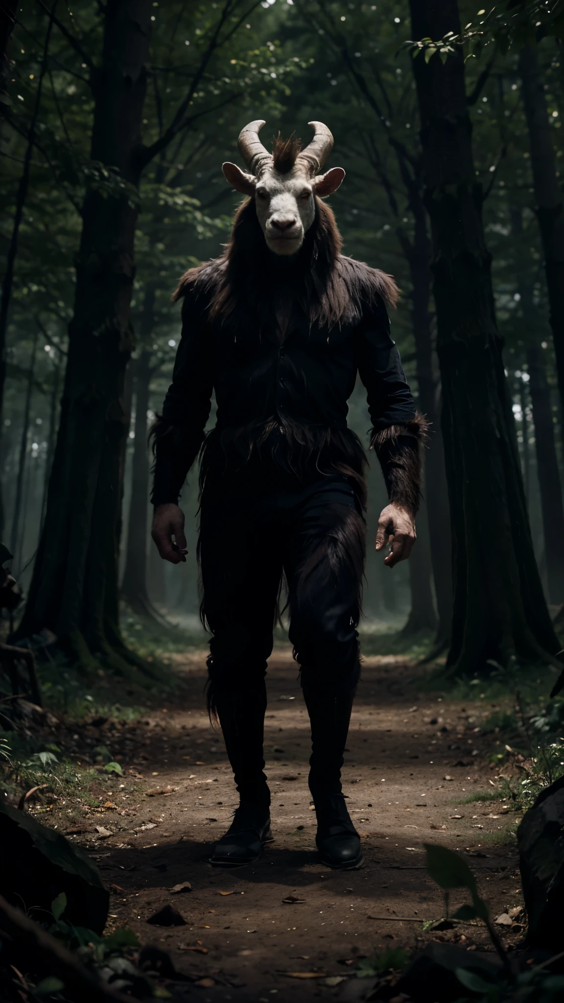 A monstrous goat-faced evil man standing in the otherworldly forest roaring