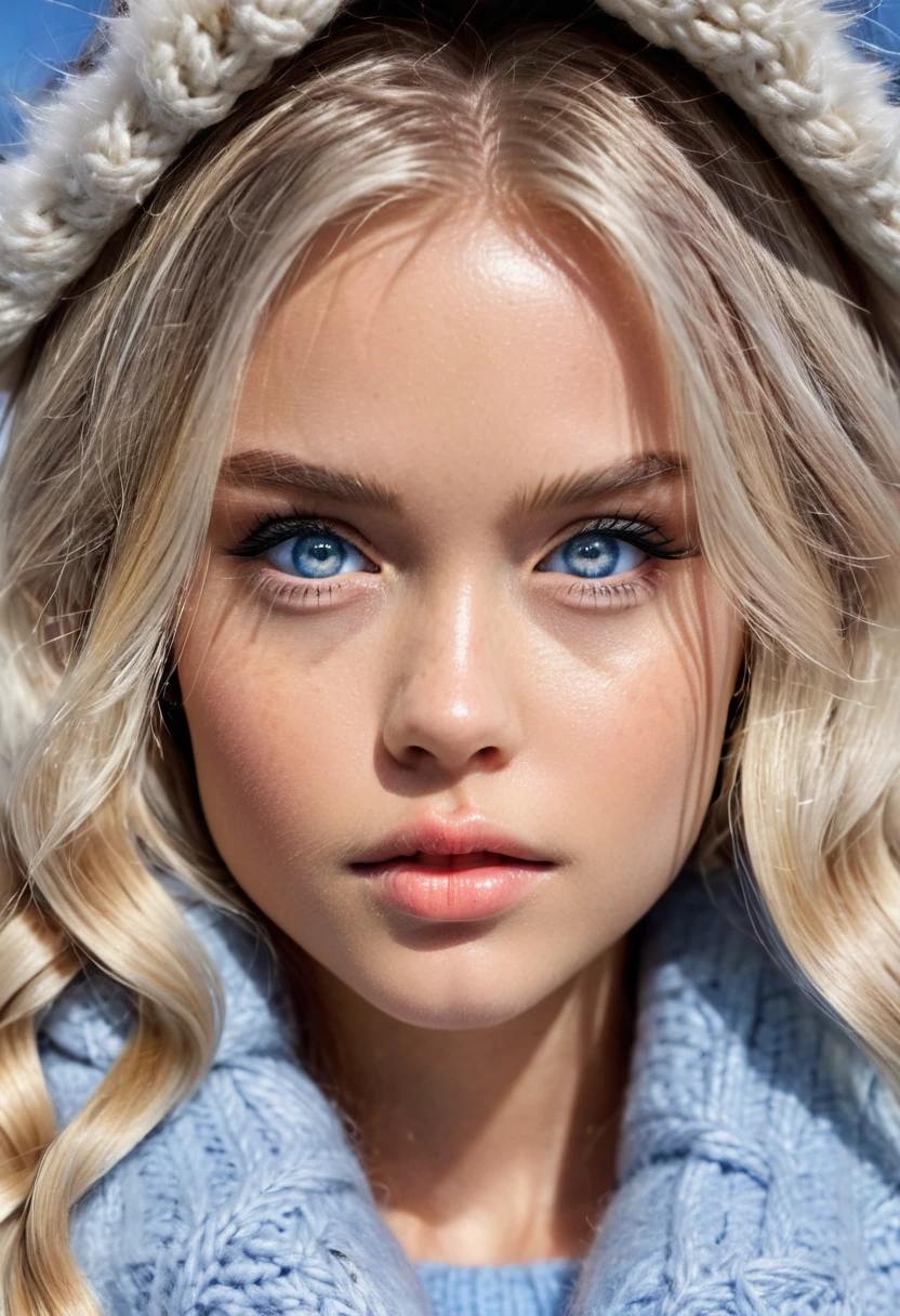 Kristina Pimenova, ultra detailed face, skinny body, white skin, long platinum blonde wavy hair, ((front view, detailed light blue eyes)), (((masterpiece, giant breasts, coat, knit sweater))), photorealism, high contrast, photorealistic, photo, masterpiece, realistic, realism, photorealism, high contrast, photorealistic digital art trend on Artstation 8k HD high definition detailed realistic, detailed, skin texture, hyperdetailed, realistic skin texture, best quality, ultra high resolution, (photorealistic: 1.4), high resolution, detailed, raw photo, sharp re, camera kodak portra 400 lens f1.6 rich colors hyper realistic texture dramatic lighting irrealengine trend in artstation cinestill 800.