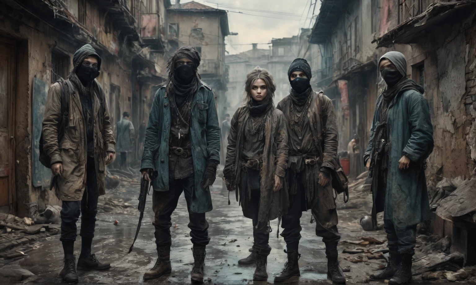 full body length shot,group of burglars go to cruel robbery,eyes extremely detailed,high detailed eyes,pearl skin,natural skin textures,realistic humid skin,French Braid with a Twist,ruined building,urban style,there's some sucked-up  going on in the background,extremely detailed environment,Cinematic,Muted colors, Technicolor, hyper realistic,Extremely detailed,High contrast,Masterpiece,Realistic,Ultra intricate details,Epic atmosphere, Romantism, cinematic style,irina yermolova,Nicola Samori,Wangechi Quality,sergey zabelin,elfy,[night landscape],masterpiece,extremely  intricate details,faded,4k resolution,RAW, Nikon Z9,her execute