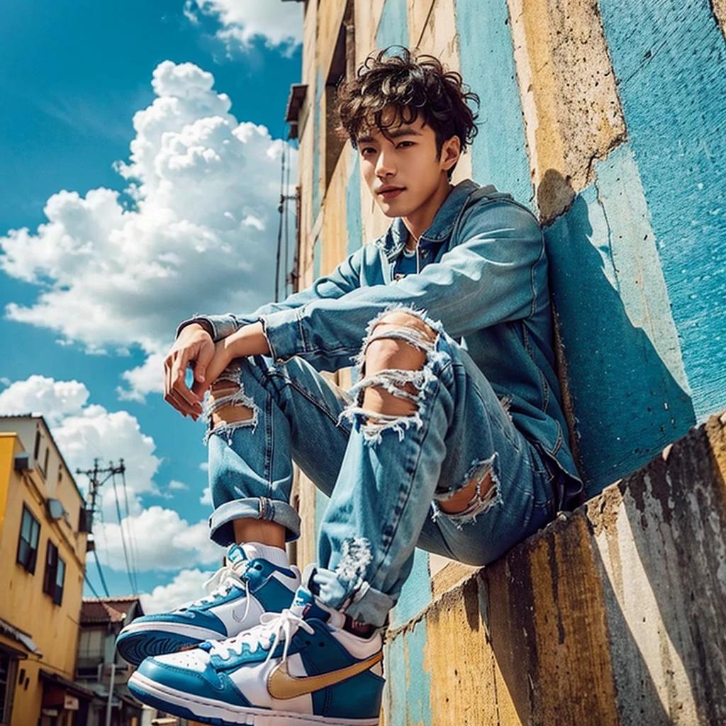 PHOTOGRAPHY ,WIDE SHOT KOREAN HANDSOME MAN ,35 years old, very short curly hair,leaning on gravity wall.it is Colourful . HE IS WEARING BLUE TORN JEANS, RUGGED AND A CASUAL WITH NIKE DUNKS, HE HAD ONE FOOT ON  AGAINST THE WALL, HE IS LOOKING SAT THE SKY SMILING, IN THE SKY ADD CLOUDS.cinematic