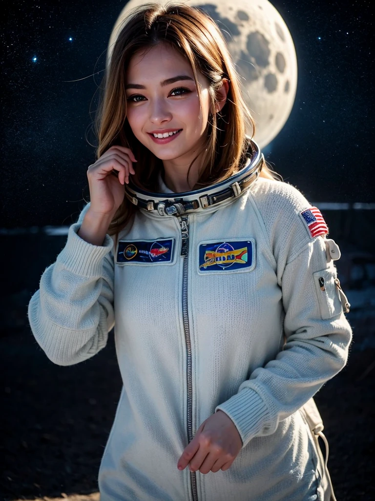(smile)、(((Staring at the audience)))、((Wearing a space suit standing on the moon)),wear spacesuits, 白いDressed in an astronaut costume, Cute girl in a tank top, girl in space, In space, (((Dressed in an astronaut costume))), woman astronaut, ((Open stance on the moon))、((Sexy young woman&#39;s body:1.4))、(dance)、((White bikini shorts))、Large bust、