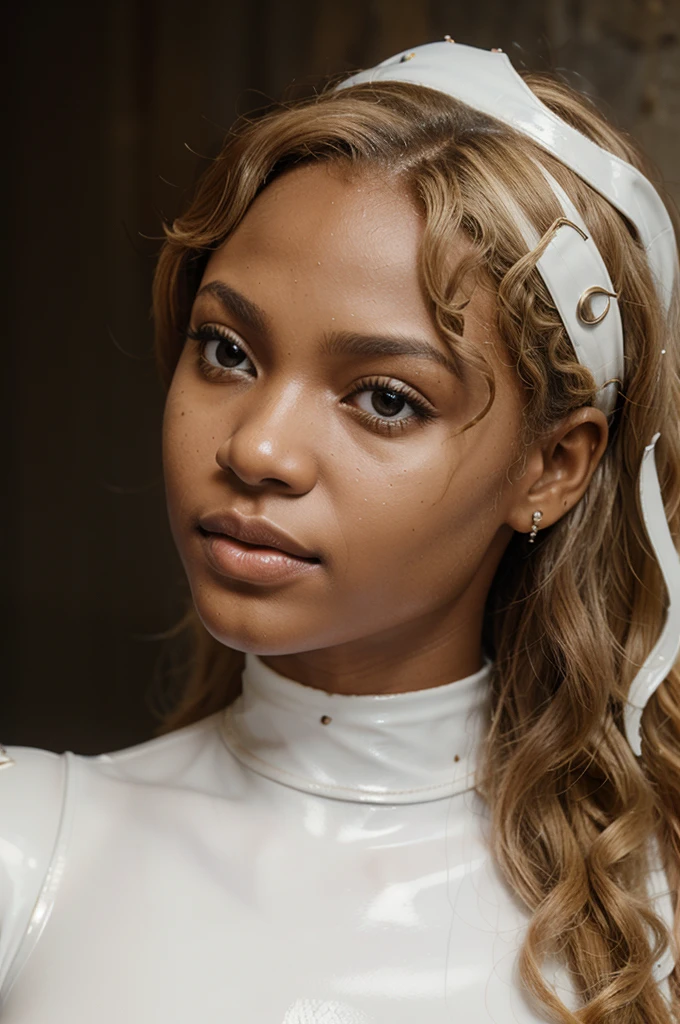 congolese girl, (very young, adolescent), (curly blond mullet, very small breasts, very skinny, nose ring), (white latex bodysuit), (close shot, face shot, intimate camera, cinematic)

