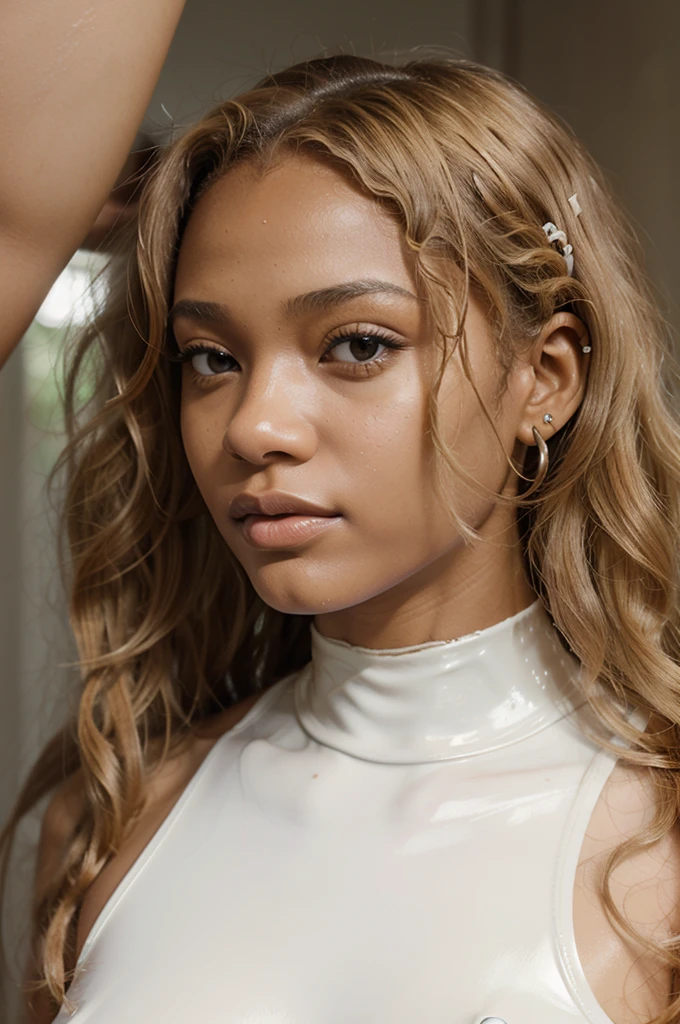 congolese girl, (very young, adolescent), (curly blond mullet, very small breasts, very skinny, nose ring), (white latex bodysuit), (close shot, face shot, intimate camera, cinematic)