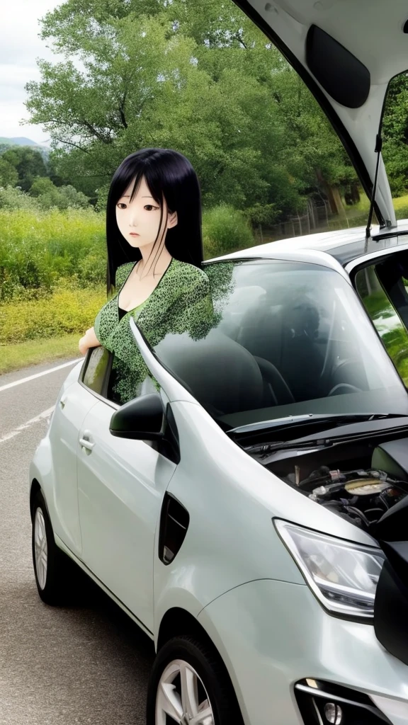 An asian woman in a bikini is on her way in a car, in a quiet atmosphere