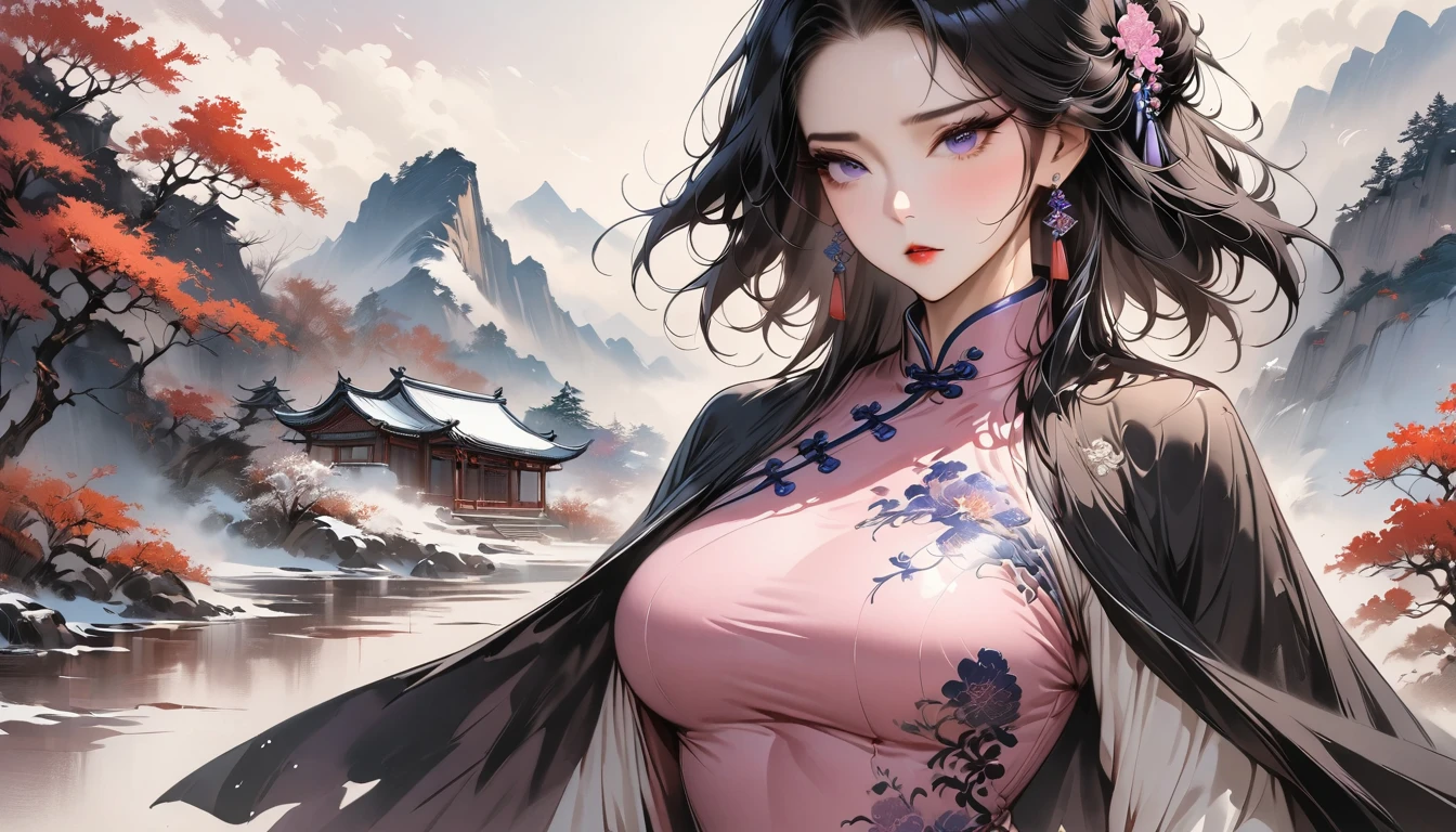 (Masterpiece, Best Quality: 1.3), 1girl, (Conservatively Dressed: 1.8), pink-purple cheongsam, pink-purple qipao, (Mature: 1.4), Cold Eyes, Gorgeous Accessories, Fluttering Cloak, very aesthetic, national painting, Clothing ink painting style, medium shot, expressive hair, high detail, Masterpiece, super detail, best quality