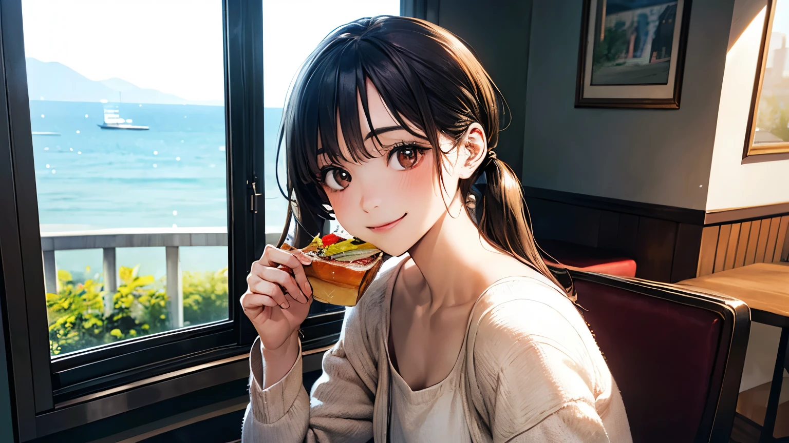 masuter piece, Best Quality, 8K Wallpapers, (Beautiful eyes), ((Beautiful)), (lovely), (in a house),(((1girl in))),23years old,((Sit in front of the table、Eating bread)、a smile、((Tank Tops、Short pants))(Brown hair long hair)