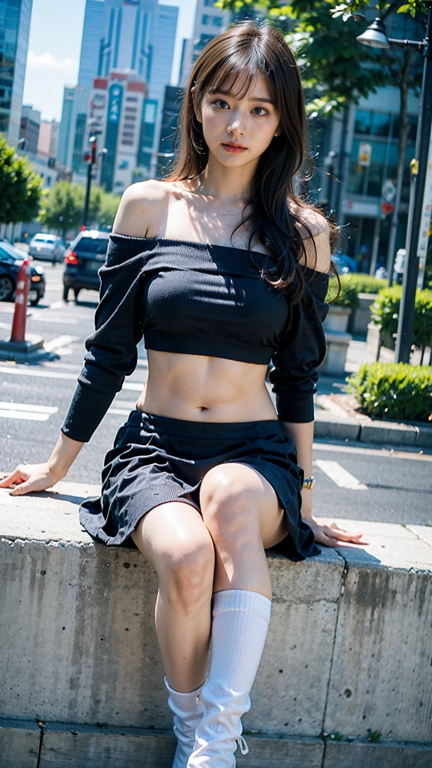 (8K、RAW Photos、Highest quality、masterpiece:1.2)、(Realistic、Realistic)、1 Girl、((city、smile、Off the shoulder、Pink knit、Black mini skirt、Ribbon on chest、blonde、Knee socks、boots、Big Breasts、look forward to、stand))、