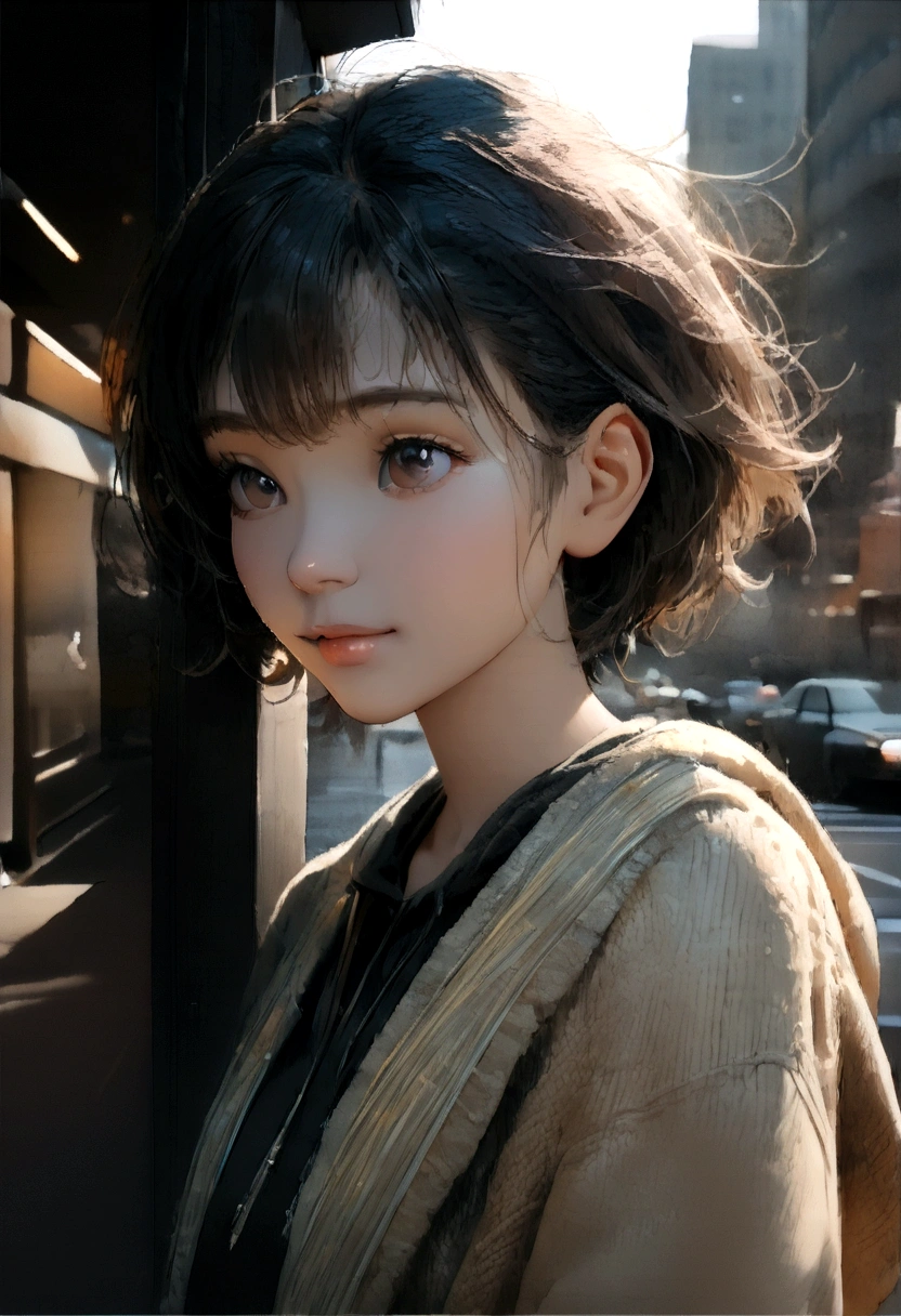 ((Masterpiece)), ((High detail)), photography of，real photograph，((Masterpiece)), (((Best quality))), ((Ultra-detailed)), ((illustration)),[realism light effect],black shadows, (semi-realistic style) colorful, Peach Fuzz colors，enamel，agates，A flesh-colored world，cute young short hair girl chilling around the city, the sky are blue and very happy joyful day,((entire character)),hurricane，It was very windy，Big wind，It was very windy，Photos taken with a professional photography camera，Incredibly realistic textures,(1 girl away from the camera:1.2), soft light, soft color