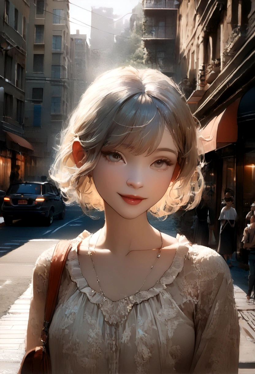 ((Masterpiece)), ((High detail)), photography of，real photograph，((Masterpiece)), (((Best quality))), ((Ultra-detailed)), ((illustration)),[realism light effect],black shadows, (semi-realistic style) colorful, Peach Fuzz colors，enamel，agates，A flesh-colored world，cute young short hair girl chilling around the city, the sky are blue and very happy joyful day,((entire character)),hurricane，It was very windy，Big wind，It was very windy，Photos taken with a professional photography camera，Incredibly realistic textures,(1 girl away from the camera:1.2), soft light, soft color
