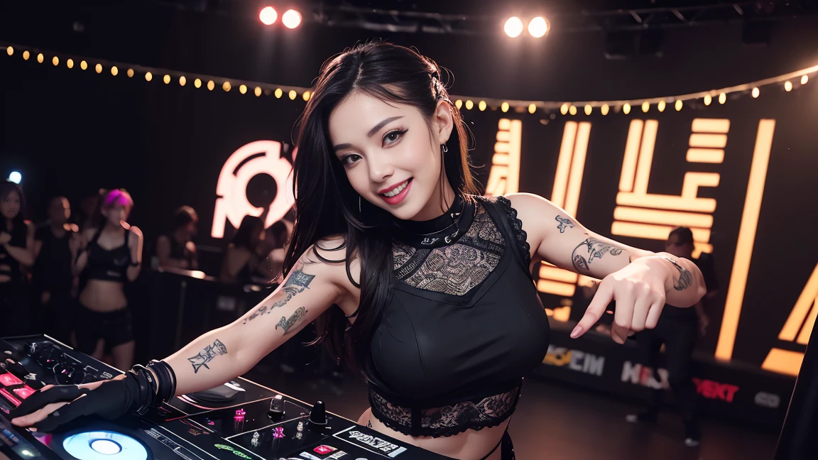 Techno Music, House Music, Dancing Girl, DJ Girl, Realistic, High Definition, Black Lace Up Shorts, Bondage Fashion, Tattoo, Piercing, Blood, Live Music, Class, Nightclub DJ, Dancing Inspired, Looking At Camera, Smiling, Wide shooting, cinema lens, skin glowing, lots of customers in a dancing frenzy