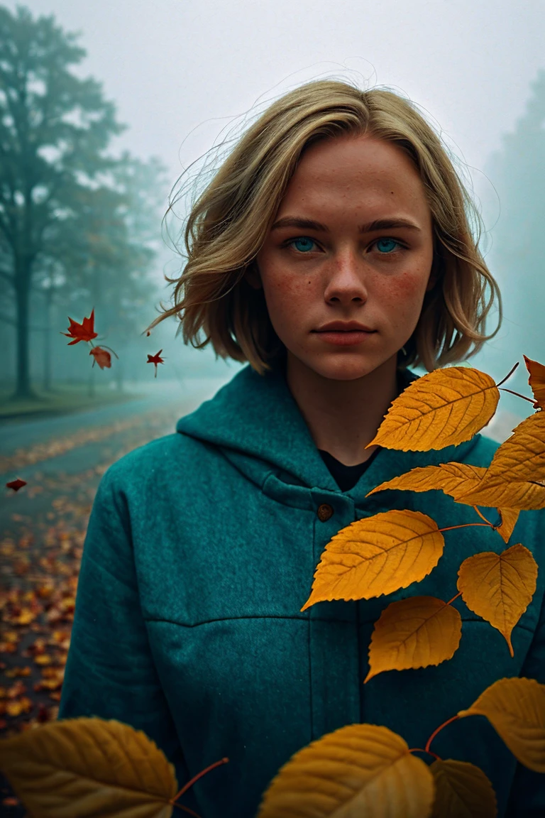 (high detail:1.2) portrait, young woman, blonde, sexuality, European appearance, Swede, (Cinematic lighting, Gentle colors),(falling leaves:1.2), Calm lighting, wind, fog. turquoise, delta shades