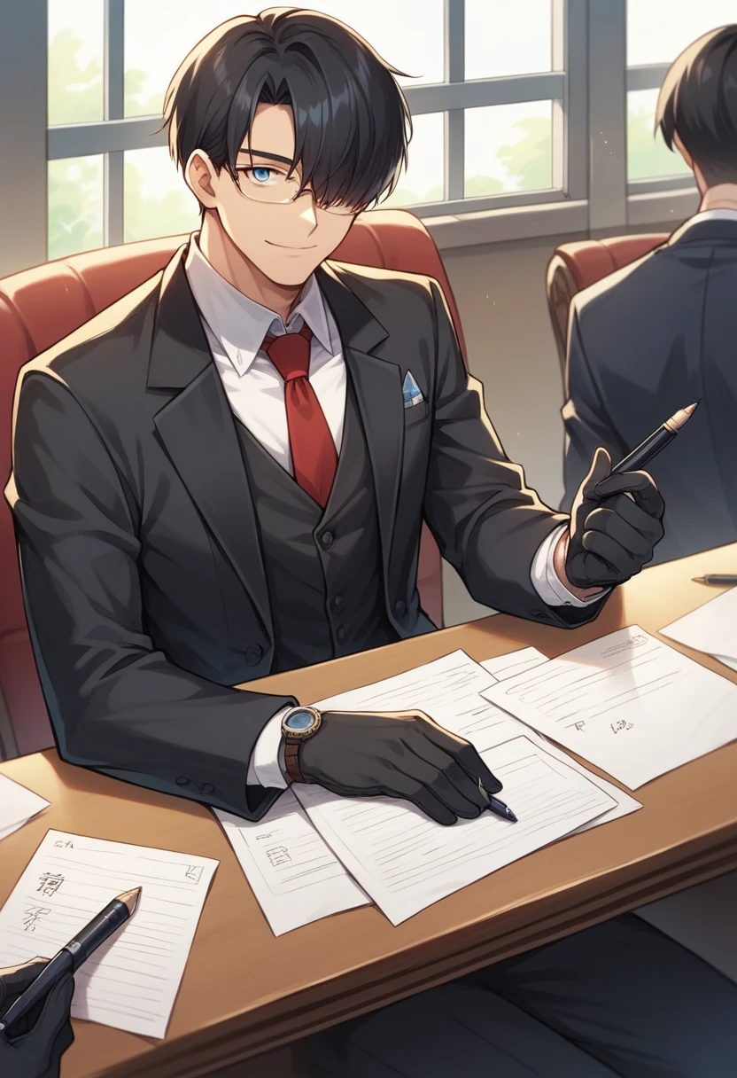 , (masterpiece:1.2), best quality,midjourney,
gloves, necktie, multiple boys, male focus, black gloves, jacket, black hair, shirt, black jacket, short hair, formal, sitting, pen, chair, solo focus, looking at viewer, long sleeves, red necktie, indoors, suit, closed mouth, bangs, paper, glasses, smile, window, collared shirt, holding, jewelry, hair over one eye, vest, watch, blue eyes, black shirt, desk