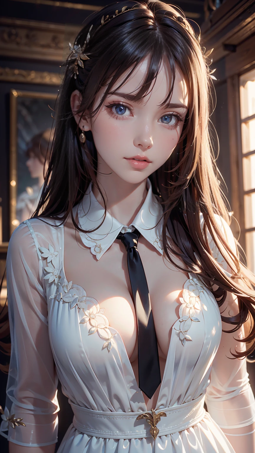 8K, Highest quality, masterpiece:1.2), (Realistic, photo-Realistic:1.37), Highest quality, masterpiece, Beautiful young woman, Pensive expression, Thoughtful expression, Elegant clothing, Tie your hair back, Messy mood, Movie Background, tired, Light skin tone