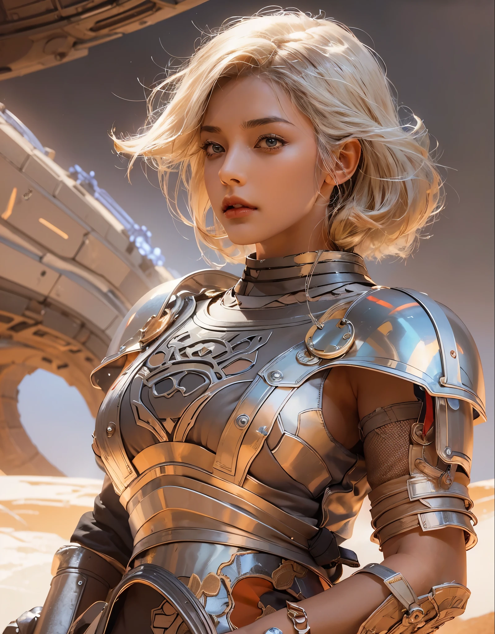 ((portrait, 1 woman warrior, wearing sexy futuristic samurai armour)), ((silver, beige, brown, orange red)), ((ultra perfect flowing hairstyle)), (hips up), (((huge natural breasts with cleavage with beautiful hips))), ((perfect radiant skin color)), (((cinematic day time and natural sunlight))), (((detailed spaceship background and incredibly sci-fi retro art masterpiece))), ((ancient samurai armour)), (((ultra photorealistic realism))), ((Smooth curves, clean lines, streamlined, functional aesthetics, reflective surfaces, integrated lighting)), extraterrestrials, ((starwars)), (vintage space guns), coloured oval glass, ((desert city background))
