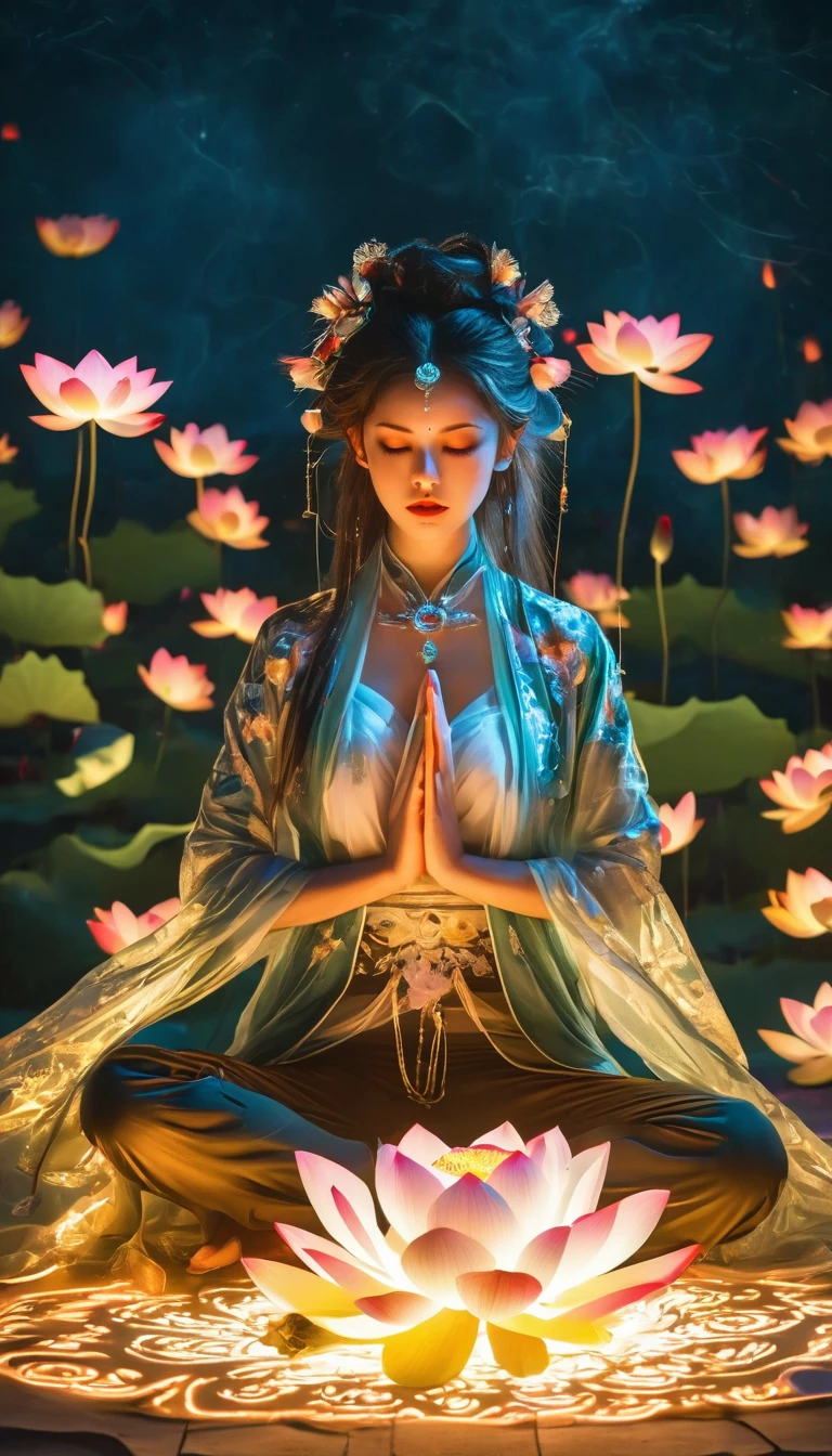 Lotus pose girl full body photography,Raw, Filming, (Clear focus:1.5), (Reality:1.4), Dusk lighting, Volumetric Lighting, Ultra-high resolution,Dramatic Lighting, White background,(tangled,Mandala,dispute,Entanglement), Fox Demon,Fox Mask,short jacket, Foxfire Curse, fox family, Transformation, Depth of Field, Dreamy atmosphere, The most beautiful chaos, grace, Brutalist Design Dark Theme, Flower of Death, Flowers of ecstasy,Glowing Line,Glow Example,Tracking Example,flash, Backlight,translucent,Light Particles