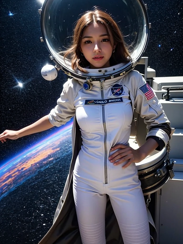 (smile)、(((Staring at the audience)))、((Wearing a space suit standing on the moon)),wear spacesuits, 白いDressed in an astronaut costume, Cute girl in a tank top, girl in space, In space, (((Dressed in an astronaut costume))), woman astronaut, ((Open stance on the moon))、((Sexy young woman's body:1.4))、(dance)、((White bikini shorts))、Large bust、
