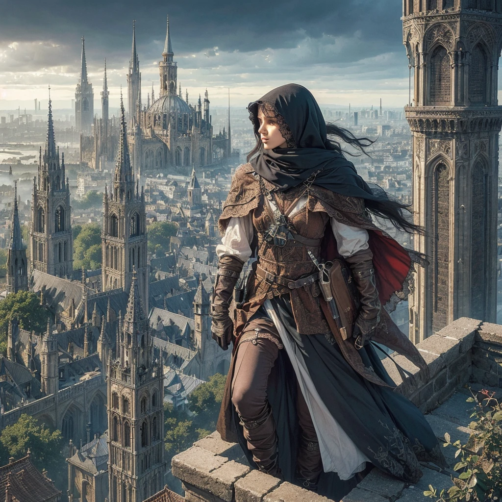 A beautiful adventuress , gothic clotes with moslem hijab standing on to of the tower overlooking a big city. Luis Royo, Grzegorz Rosiński, detailed background, dark fantasy, comic illustration, masterpiece, realistic
