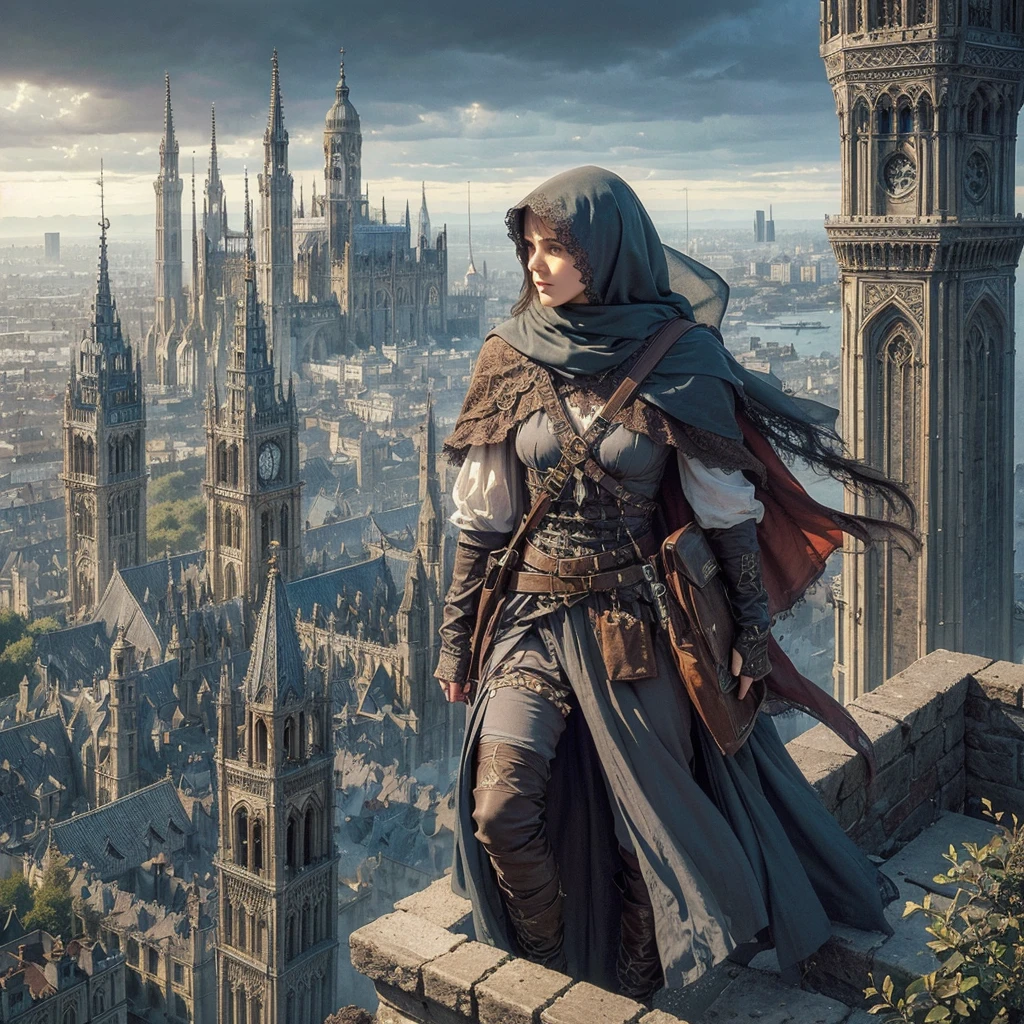 A beautiful adventuress , gothic clotes with moslem hijab standing on to of the tower overlooking a big city. Luis Royo, Grzegorz Rosiński, detailed background, dark fantasy, comic illustration, masterpiece, realistic