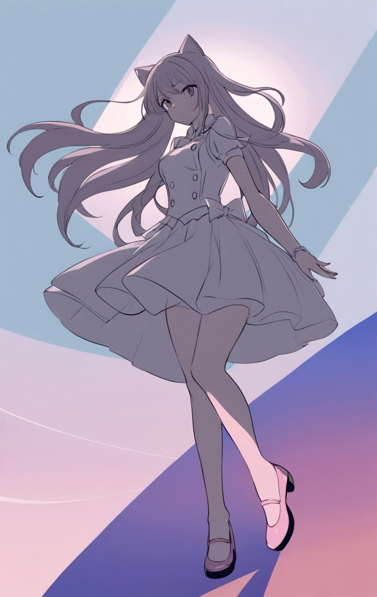 Anime girl in a skirt and shoes standing on the stage, Idol singer , Fluttering skirts，Long hair，Catwoman，Clear anime silhouette, Anime style超详细, Clear clothing design, Anime art style, Pixiv Style, 扁平Anime style阴影, Anime style, The art of math!!, Anime style, Digital Animation Art