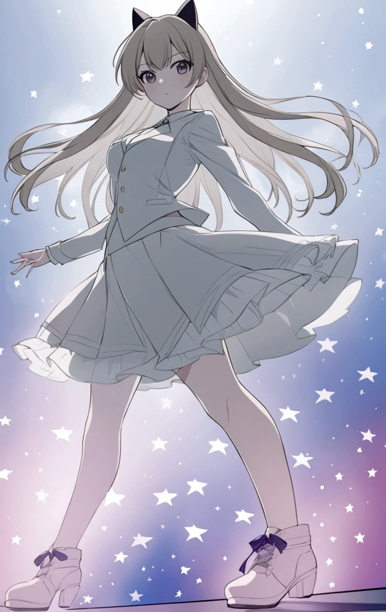 Anime girl in a skirt and shoes standing on the stage, Idol singer , Fluttering skirts,Long hair,Catwoman,Clear anime silhouette, Anime style超详细, Clear clothing design, Anime art style, Pixiv Style, 扁平Anime style阴影, Anime style, The art of math!!, Anime style, Digital Animation Art