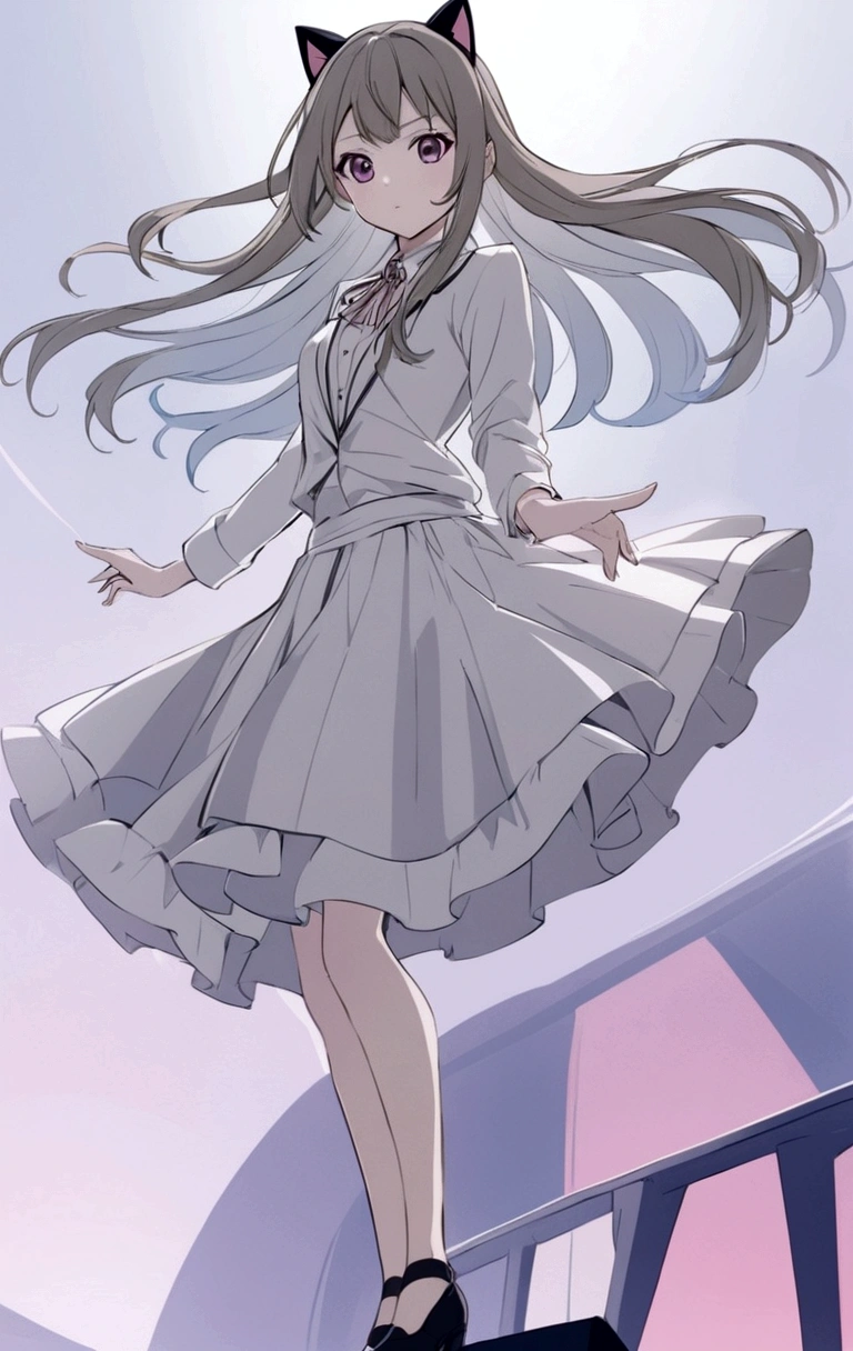 Anime girl in a skirt and shoes standing on the stage, Idol singer , Fluttering skirts,Long hair,Catwoman,Clear anime silhouette, Anime style超详细, Clear clothing design, Anime art style, Pixiv Style, 扁平Anime style阴影, Anime style, The art of math!!, Anime style, Digital Animation Art