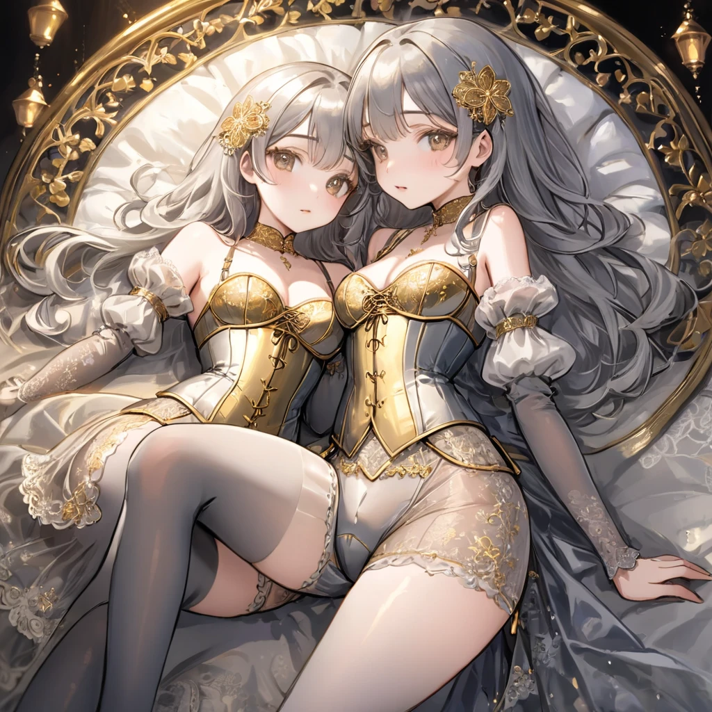 Girls in the Middle Ages、 Gold and silver embroidery、In underwear、Knee-length semi-transparent bloomers(With gold and silver lace)Wearing、Wearing a semi-transparent corset、 Grey translucent tights、Lying down