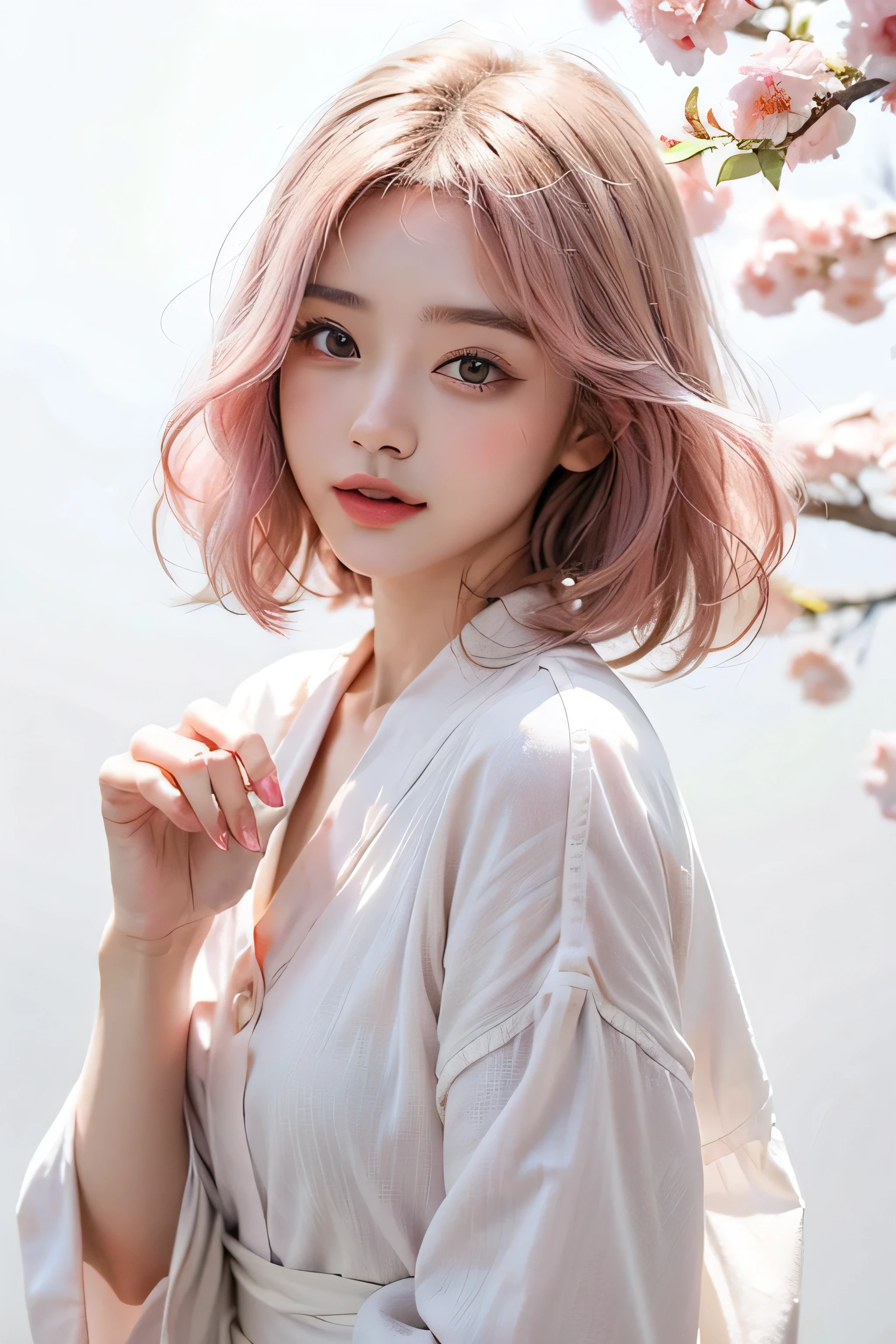 Japanese,Bob Hair,Light pink hair, Pink Eyes, Pink and white, Cherry leaves, Vibrant colors, White clothes, Paint splashes, Simple Background, Ray Tracing