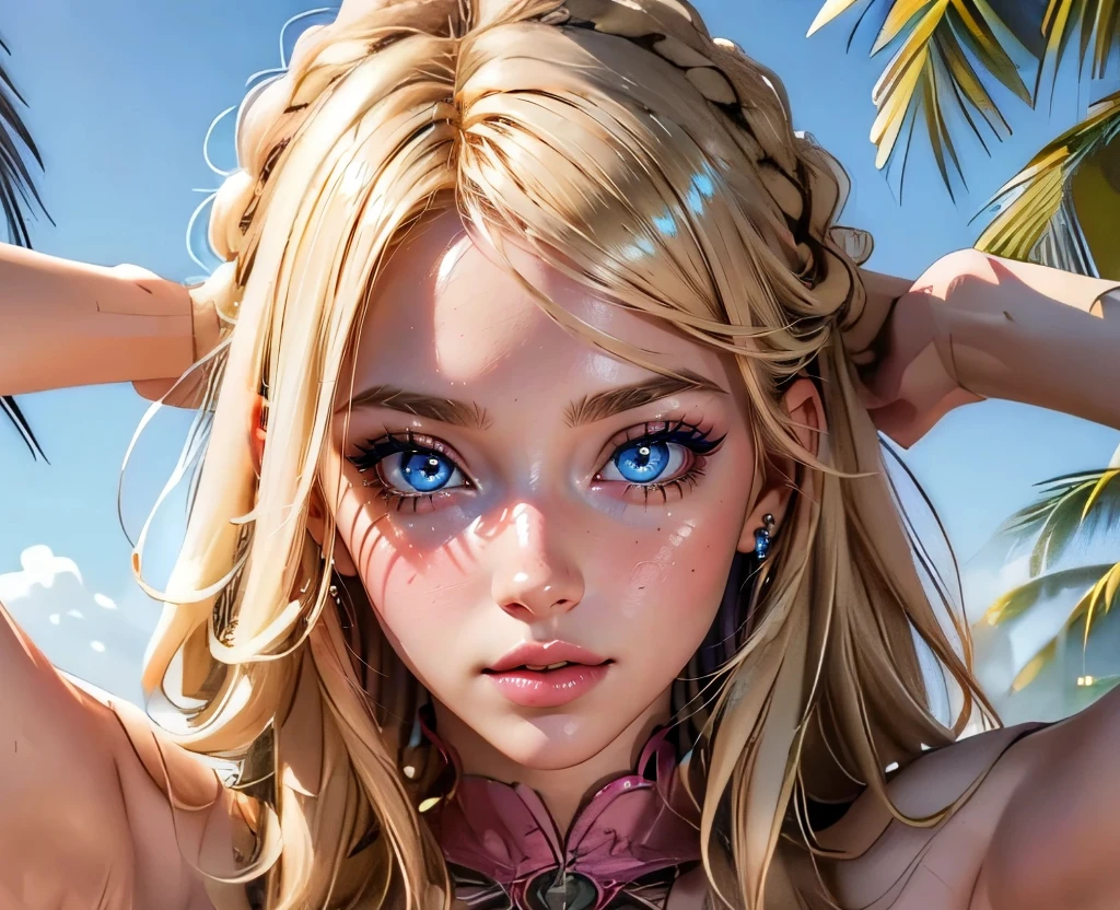 Shiny blue eyes, eyelashes, pink lips, big lips, perfect face, high quality, full resolution, best quality, blonde hair, perfect eyes, bright pupils