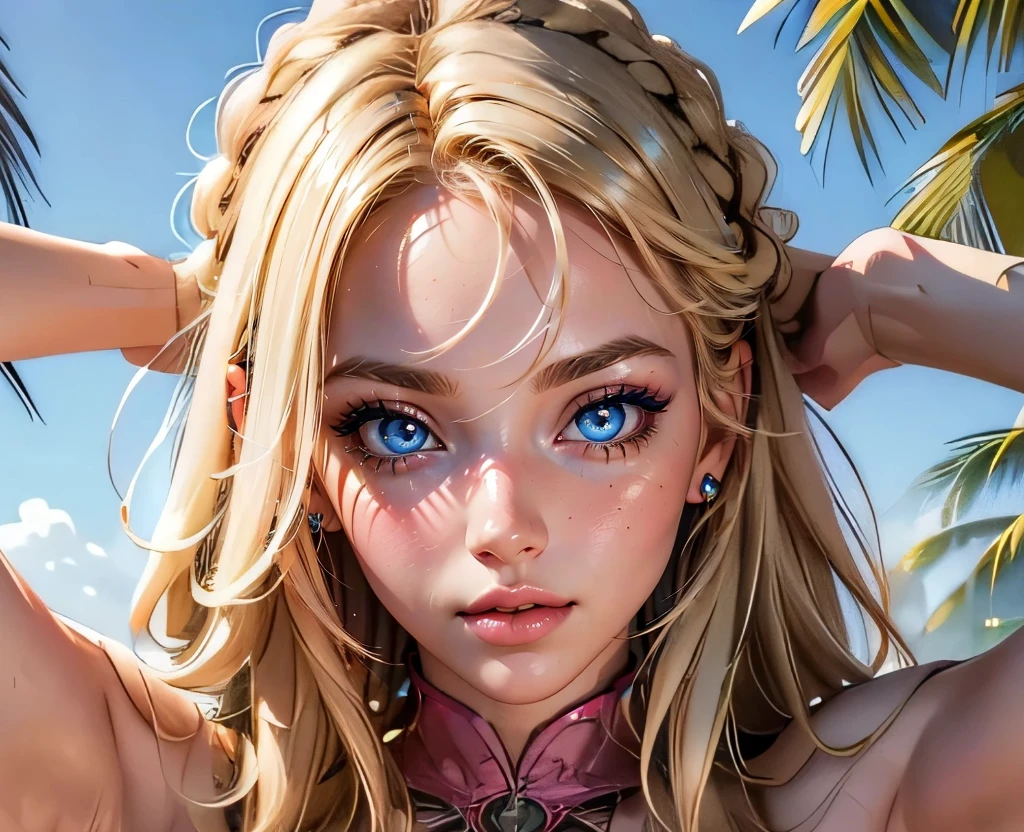 Shiny blue eyes, eyelashes, pink lips, big lips, perfect face, high quality, full resolution, best quality, blonde hair, perfect eyes, bright pupils