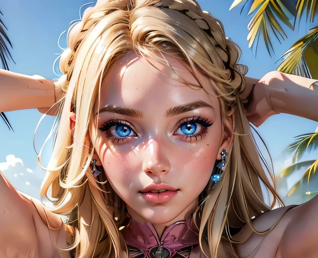 Shiny blue eyes, eyelashes, pink lips, big lips, perfect face, high quality, full resolution, best quality, blonde hair, perfect eyes, bright pupils