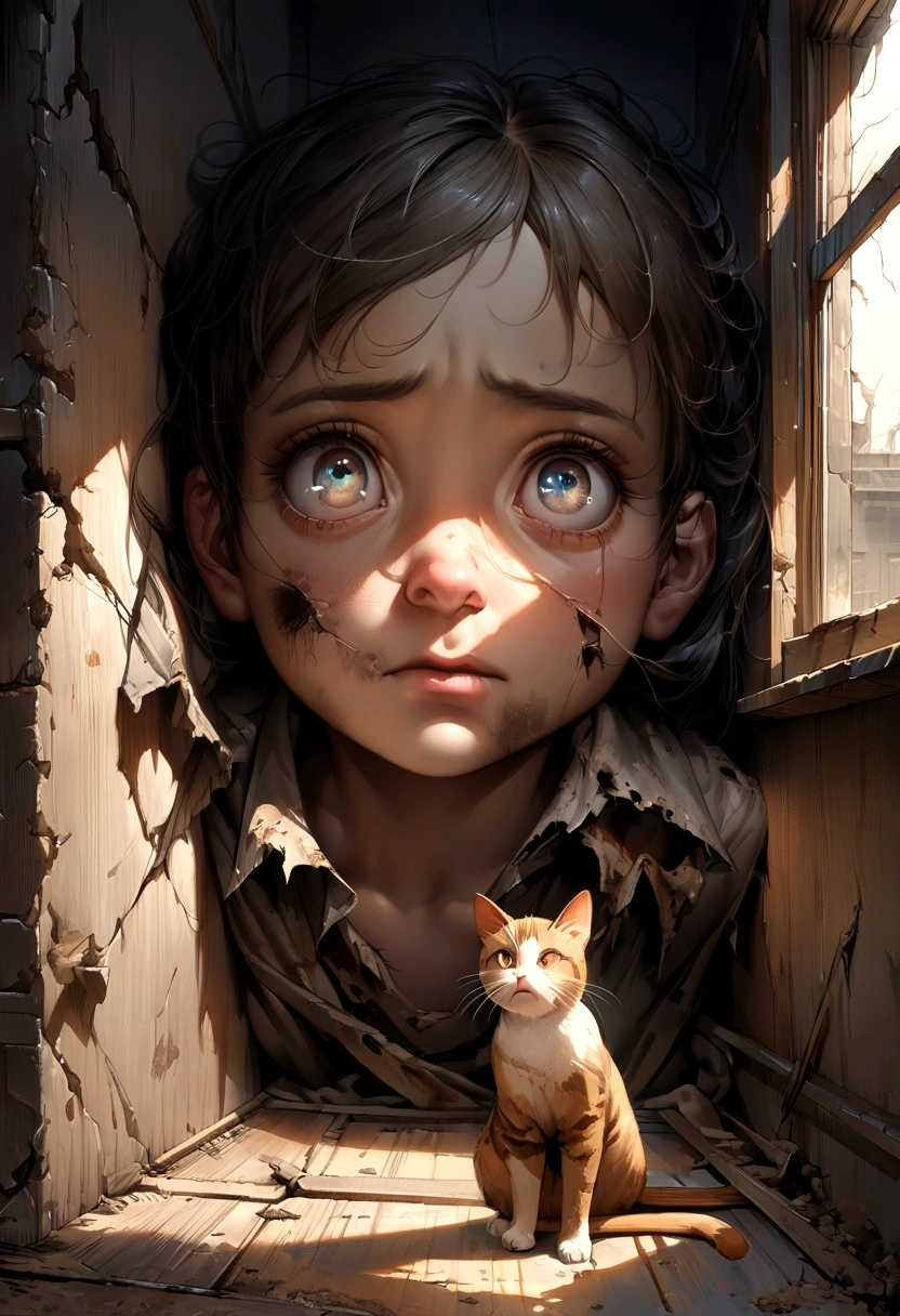 (((Highest quality))), High detail, Depth of written boundary, concentrated: 1.2, Post-apocalyptic -yeld bond cat, Tired eyes, Beautiful Eyes, Big eyes, Tattered and rotten clothes, Hair is tangled with raggedness, The skin is damaged by dirt and dirt, Abandoned, Dark room with broken windows, Detailed face and eyes are sad and scary, ((masterpiece)), (Realistic photos:1.5), (((High resolution illustrations))), (((Very detailed))), Dramatic Shadows, Cinematic