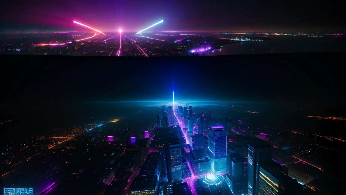 conceito:(((This is an aerial photographic masterpiece of a near-future city, portraying a cyberpunk worldview.)))。 品質:(mais alta 品質, 4K, 8K, high resolution, work of art:1.2), super verbose, (realisitic, fotorrealisitic, fotorrealisitic:1.37), Bright colors and mesmerizing effects in shades of purple and blue, SF Elements, Subject information:Aerial photo of Cyber City, From above, skyscraper, arquitectura futurista, Bright neon lights, Amazing skyline, advanced technology, ((hovering vehicle)), (((Uma bela imagem de uma cibercidade desenhada na perspectiva From above:1.3))) Outros detalhes: lively atmosphere, Holographic advertising, cyberpunk aesthetic, bluish tones, some stars shining in the sky, Space background, emerging technologies, urban density, energy and excitement, Metropolis of the future, Attractive composition, neon glow, rich colors, detailed texture, (((cyberpunk project))), Design elaborated, impressive scale, 大気lighting, captivating details, captivating visuals, artistic, 500㎜, f/4, photoshoot,