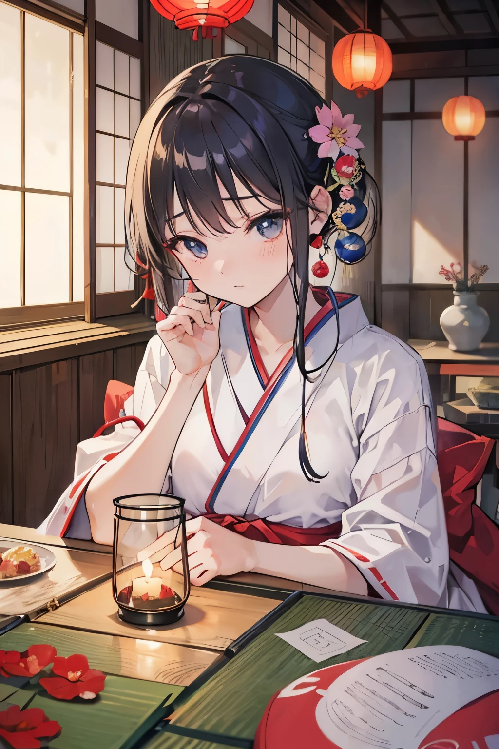 (masterpiece, best quality),
(detailed eyes, detailed hair, detailed face),
((good old days, memories, nostalgic, peaceful)),
japanese traditional house,
1girl, teenagers, cute,
summer vacations, overwhelmed with homework, hot, sweat, half open eyes, sleepy, tired, flower jar, holding a japanese fan, in the home, (dim room), sunset,
wind bell, mosquito coil, paper lanterns, earphones, (long shot),