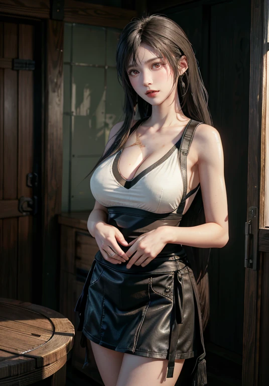(Browsing Caution),(RAW Photos, 最high quality), (Realistic, Photorealistic:1.2), One girl, high quality, (Highly detailed skin:1.4), Underarm,Huge boobs,Nippur,naked,Tifa Lockhart,(erotic apron,nakedエプロン:2.0)
