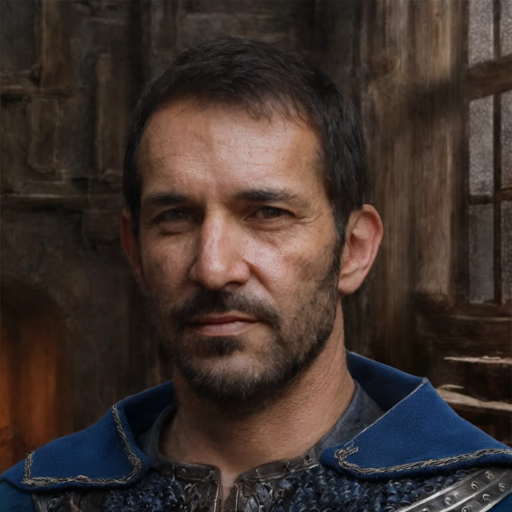 (masterpiece)+, (extremely (realistic)+,a portrait of an ugly adult male small town bailiff, wearing blue coat and chainmail shirt, Focused stare. Looking in camera. volumetrics dtx, Photorealistic, ultra detailed, Artstation trending, very very detailed, realistic shaded lighting, dynamic shadows, detailed Blurred fantasy bright vast wheat fields and villagers houses background, upper body, professional photograph of a detailed skin, sharp focus, dramatic, award winning, cinematic lighting, octane render, unreal engine, volumetrics dtx, Photorealistic, ultra detailed, Artstation trending, very very detailed, hyperrealistic, fine details, realistic shaded lighting, dynamic shadows, Blurred fantasy bright vast wheat fields and villagers houses background, add_detail:1, skin pores and wrinkles, details.,More Reasonable Details