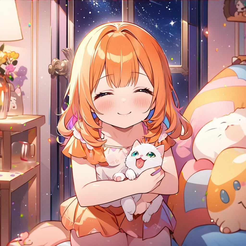 masterpiece、Highest quality、Depth of subject、2D illustration、1 beautiful girl、独奏, (((chibi style)))、cute chibi, lovely chibi, ((night)), ((window)), ((starry sky)), Long, beautiful hair、Shiny orange hair、cute、Beautifully detailed eyes、((mini skirt))、((colorful))、Camisole dress、((happy smile))、((closed eyes)), sitting on bed, ((close up shot))、((Holding a kitten)), ((in the room))、((There's a lot of pink around))、((bed))、Thighs、((vivid color))、sparkle、((Lens flare))、