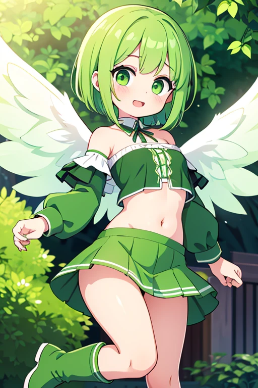 15 year old girl, Angel Girl, Light Green Wings, Green hair, Short straight hair, Green eyes, Short skirt, Green skirt, Small strapless blouse, Short blouse up to the abdomen, Green long sleeves, Blouse that shows the shoulders and neck, Shows navel, With green boots, expression: happy