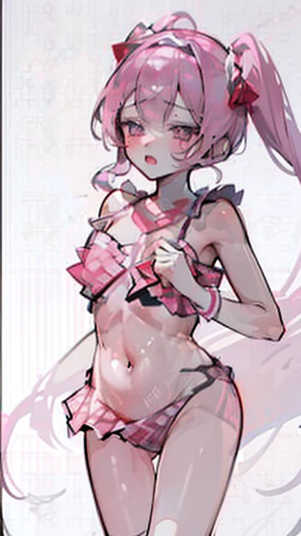 open mouth,pleasure,blush,embarrassed,(((low angle))),(best quality, 8k, masterpiece:1.2, nsfw,ultra-detailed,realistic,photorealistic,anime,Soft lighting,Bokeh), hatsune miku \(vocaloid\),sakura miku,1girl,Anime-like beautiful girl,silky smooth and very beautiful skin,very beautiful embarrassed face,Ordinary chest, 5headed body,Skinny type,Not muscular,５This refers to,Manicure is cherry colored, break, Perfectly beautiful figure,Height 162cm,Bust 87cm,Waist 56cm,Hip 85cm, blue eyes, girl, very long twintail hair, purple eyes, long twintail hair, solo, (bangs, pink hair, shining hair, light pink hair, ),official alternate costume, (((bikini underwear))), hair ornament, collarbone, (((casual underwear)), (((pink and light pink tartan plaids frilled underwear:1.4))),(((ribbon_trimmed underwear,frilled underwear))).