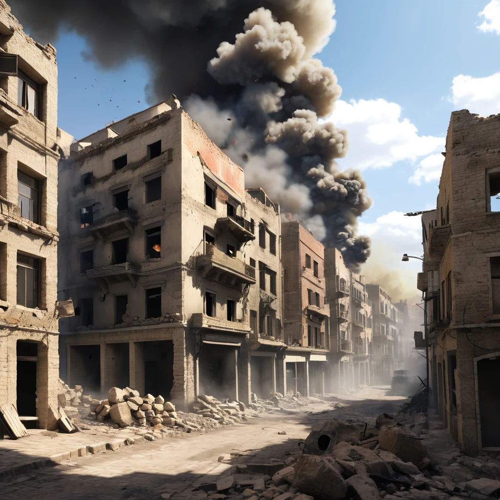 Destroyed cities and walls, counter-insurgency forces, war, explosives, smoke, low angles