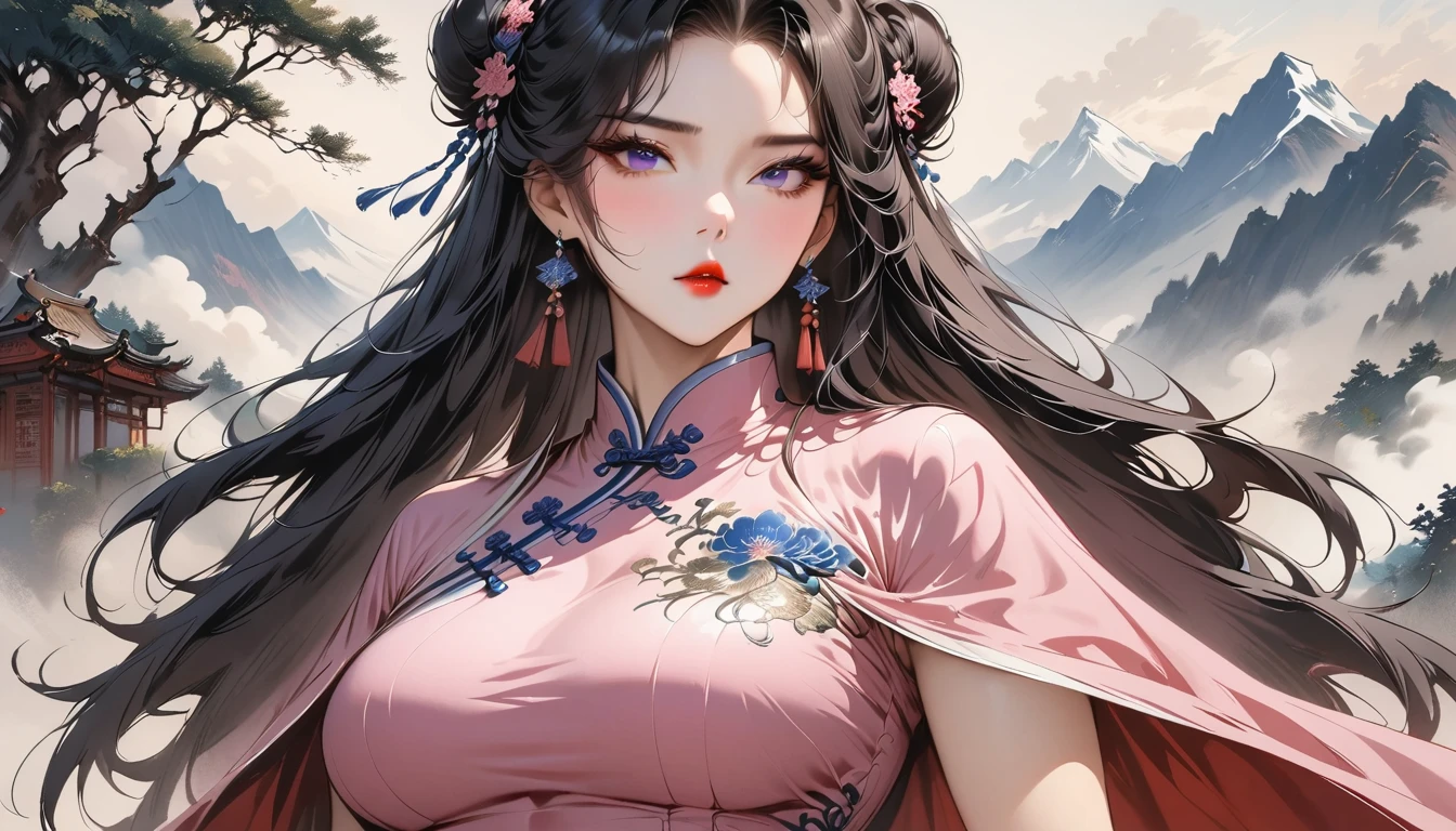 (Masterpiece, Best Quality: 1.3), 1girl, (Conservatively Dressed: 1.8), pink-purple cheongsam, pink-purple qipao, (Mature: 1.4), double bun, Cold Eyes, Gorgeous Accessories, Fluttering Cloak, very aesthetic, national painting, Clothing ink painting style, medium shot, high detail, Masterpiece, super detail, best quality