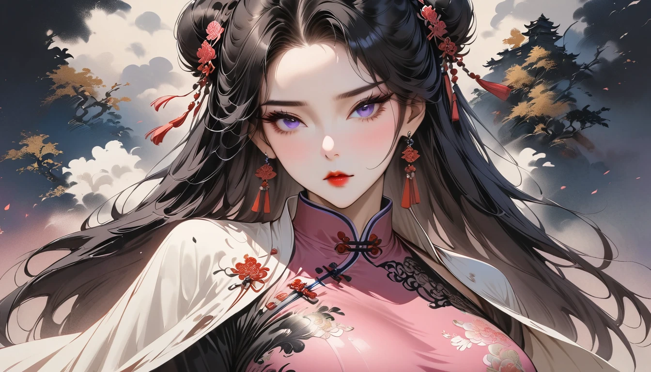 (Masterpiece, Best Quality: 1.3), 1girl, (Conservatively Dressed: 1.8), pink-purple cheongsam, pink-purple qipao, (Mature: 1.4), double bun, Cold Eyes, Gorgeous Accessories, Fluttering Cloak, very aesthetic, national painting, Clothing ink painting style, medium shot, high detail, Masterpiece, super detail, best quality