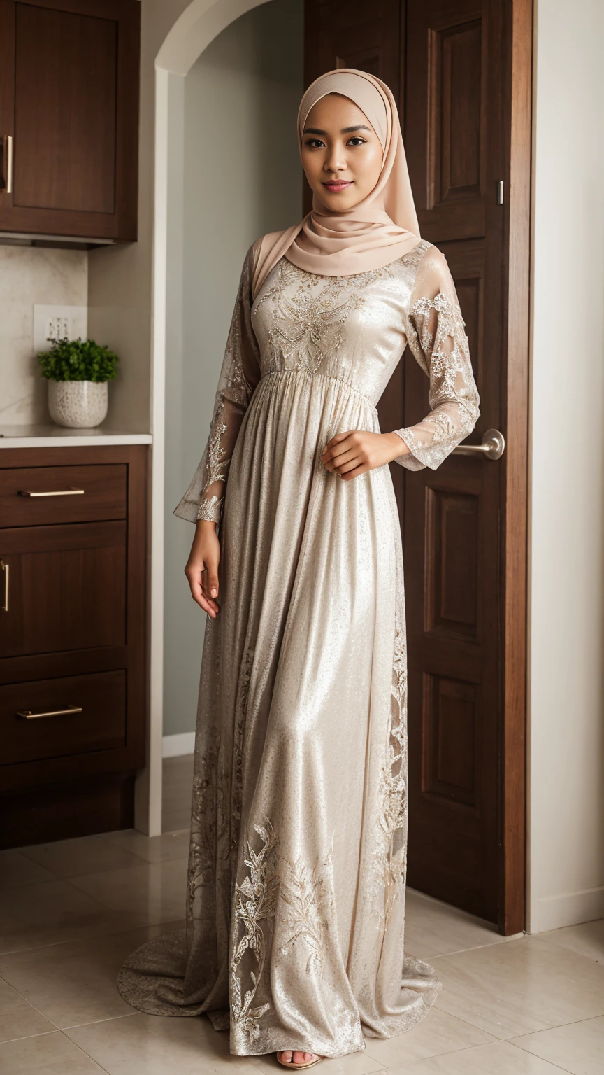 (full shot).RAW, Best quality, high resolution, work: 1.3, beautiful Indonesian man in hijab, perfect hijab, beautiful eyes, cute face, fair skin, shiny lips, serene expression, sweet feminine gesture, full body portrait, watery eyes, man body, flat chest, thin thighs, perfect hand, perfect feet, man in a long dress standing in the kitchen, househusband, modest flowing gown, long sleeved dress, long dress female, wearing a long flowery pleated dress, delicate patterned, full covered dress, long dress, beautiful soft silky dress, beautiful silky dress, beautiful detailed dress, flowing dress, romantic dress, intricate detailed dress, muslim women dress, wearing a long dress, dress covers all body, wearing house slippers, look at viewer, body to viewer, standing femininely, feminine pose, graceful pose, full body portrait, wide background 