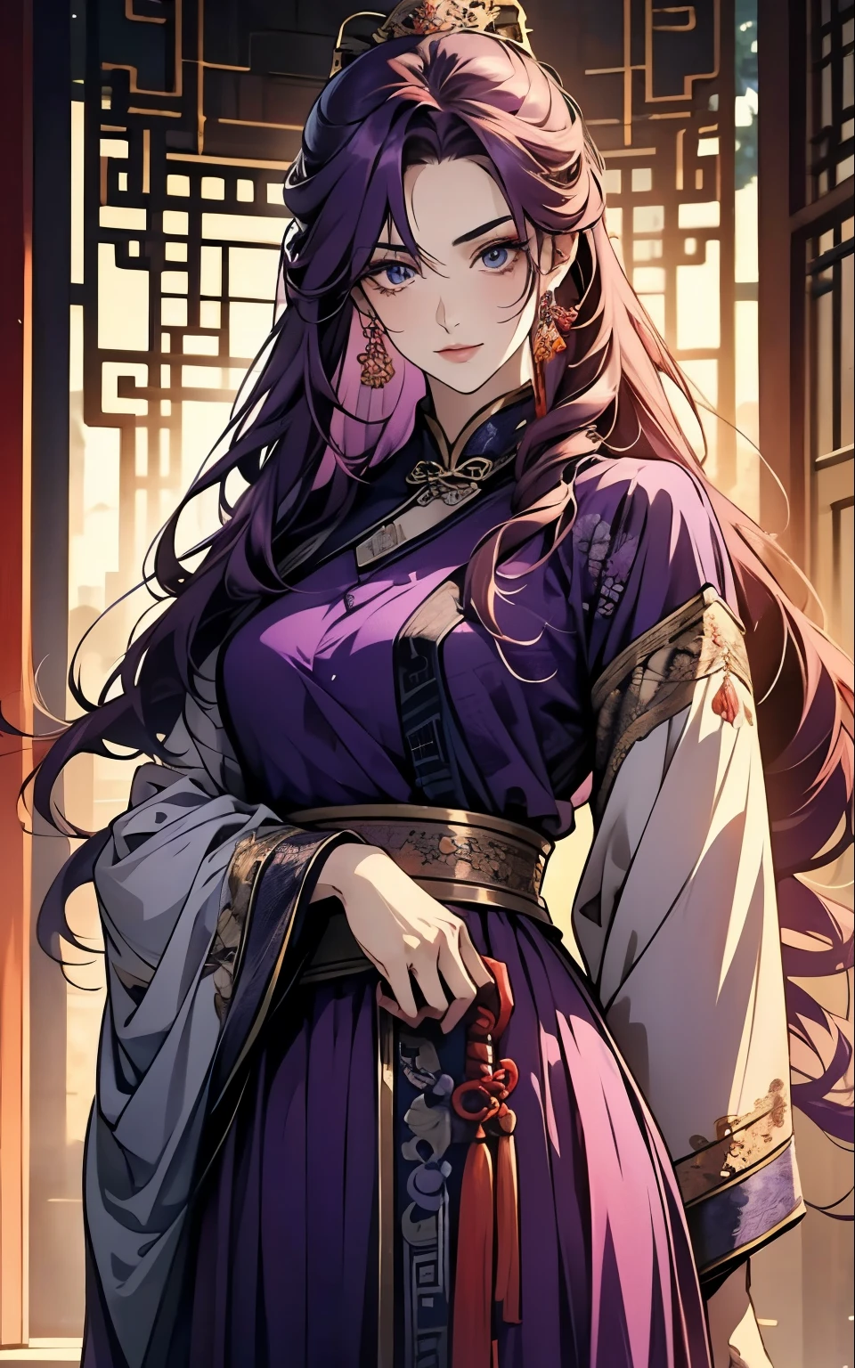 1 middle-aged women, (45 years old), long purple hair, blue eyes, chinese clothes, (!PURPLE! clothes, ultra long skirt ), purple chinese room, close-up portrait
