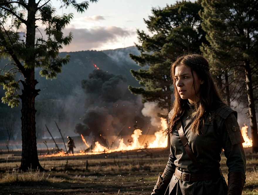 angry viking woman, battlefield, trees in fire