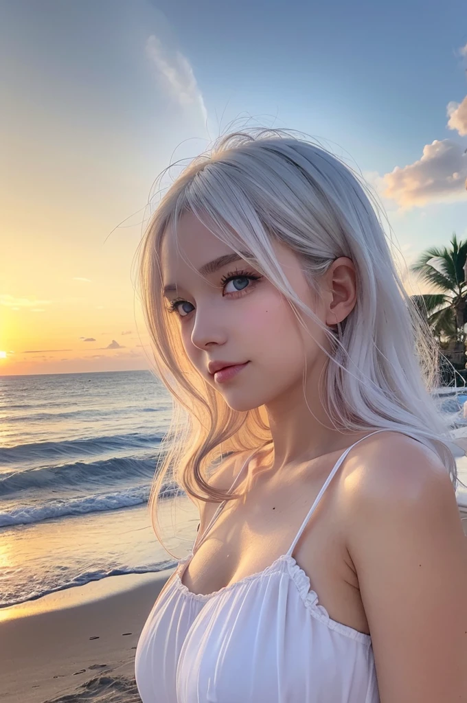 (masterpiece)), ((best quality)), (ultra-detailed), heavy outline, clear outline, beach, sunrise, a cute girl, solo, maid, beautiful white hair, beautiful orange eyes, (beautiful eyes), transparent hair, translucent hair, sparkling effect