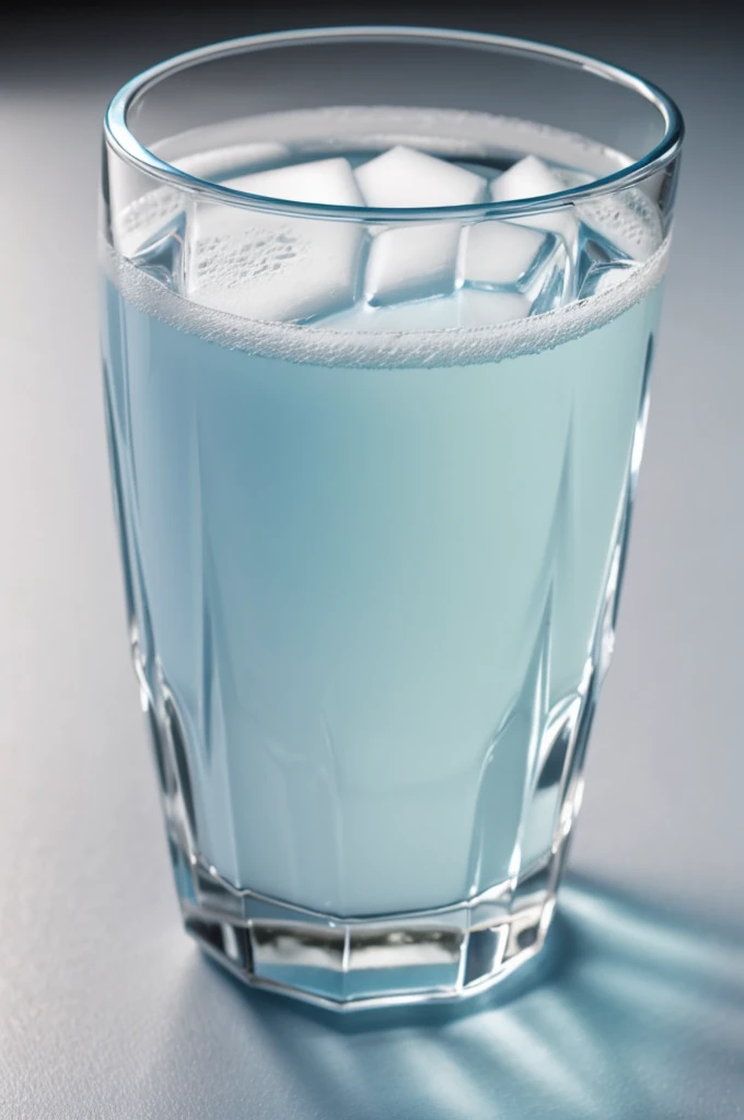 A glass of light blue and white api