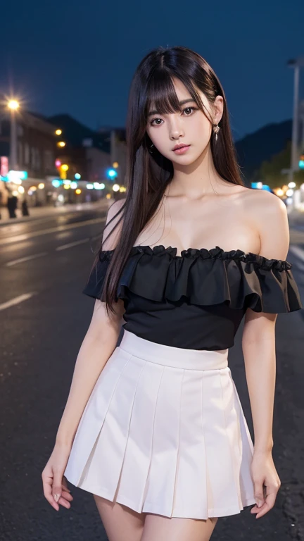 ((Highest quality)),((最high resolution)),((high resolution)),((detailed)),((High definition)),((8K)),((Perfect body)),((Perfect Face)),((Realistic)),((Real)),((Realistic)),((Beauty)),Korean、Stylish cityscape、Outdoor、City、Night view、Black Hair、((Only the tips of the hair are pink))、big breasts、Straight long hair、Very dense makeup、((Bangs cut in a straight line))、Black Mini Skirt、Black ruffled off-the-shoulder top、Exposed Skin、Cross your arms、Slanted Eyes、White Skirt