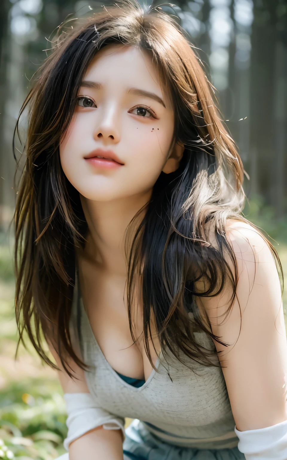 realistic, surreal, cinematic lighting, 32,000, 1 girl, (lost heart:1.2), shy smile, backlight, bright lights, (Quality improvement:1.4), (최고 품의 realistic 감의 피부:1.4), detailed eyes, detailed face,  medium hair, hair blowing in the wind, forehead, tank top, skirt, (Improves the beauty of skin texture.:1.1), matte texture, foggy morning forest, 