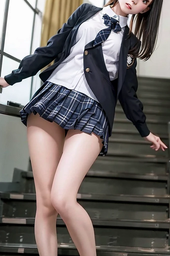 Top quality, high image, 1 woman, 18 years old, school stairs, black jacket, Medium breasts,white blouse,(plaid miniskirt), cotton panties,upskirt,from below1.3