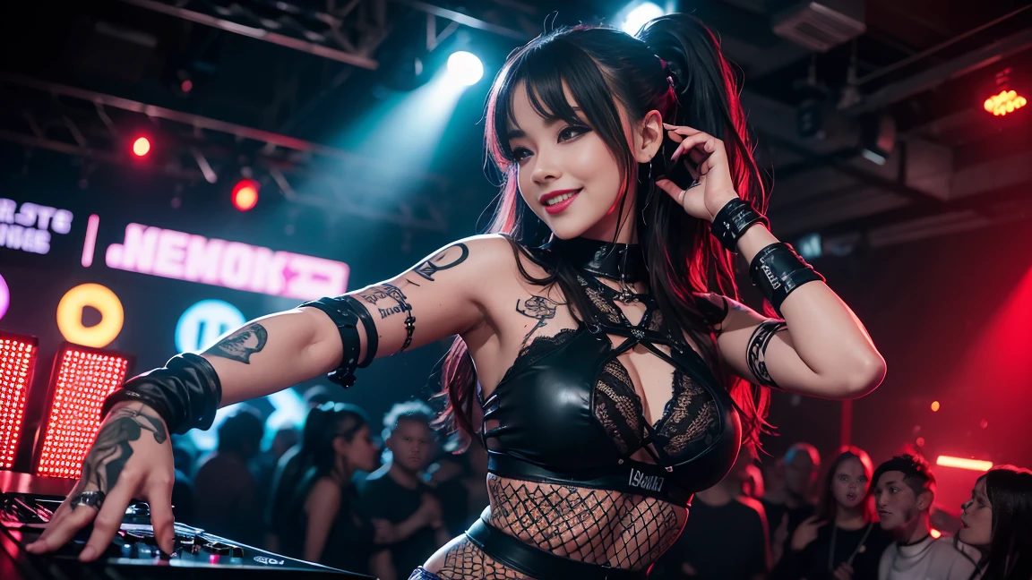 Techno Music, House Music, Dancing Girl, DJ Girl, Realistic, High Definition, Black Lace Up Shorts, Bondage Fashion, Tattoo, Piercing, Blood, Live Music, Class, Nightclub DJ, Dancing Inspired, Looking At Camera, Smiling, Wide shooting, cinema lens, skin glowing, lots of customers in a dancing frenzy, red light